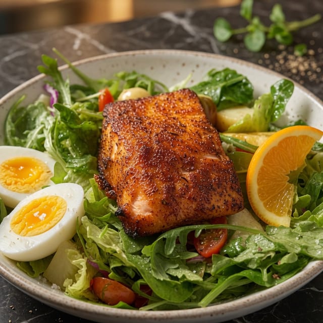Spring mix with grilled salmon.